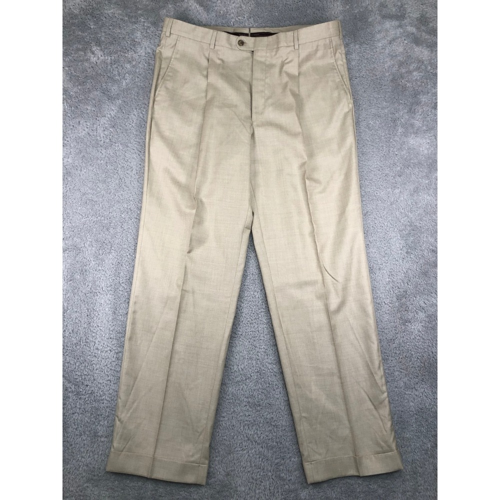Hickey Freeman Pants Men 38x32 Beige NWT Wool Silk Traveler Pleated Cuffed Dress